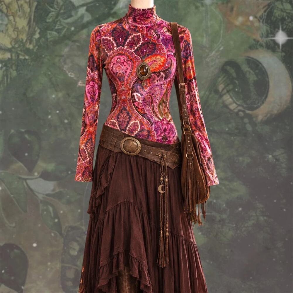 Y2K Velvet Paisley Mock Neck Top Jewel Tone Whimsigoth Boho